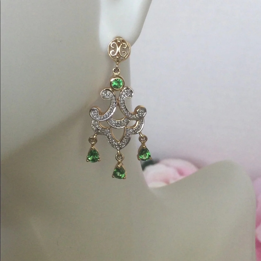 14k, Rare Tsavorite Green Garnet Chandelier Earrings. - Picture 4 of 6